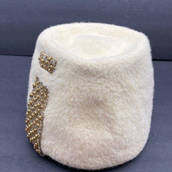 Vtg Ann Marie Hat Cream Tall Cossack Pillbox Beaded Accent‎ USA Union Made 60s - Picture 3 of 11